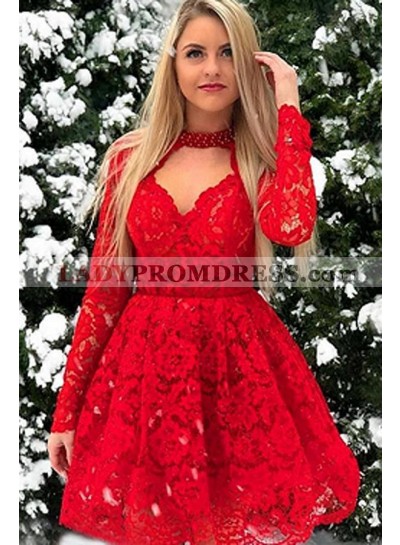 2023 A Line Red Long Sleeves Halter Backless Lace Short Homecoming Dresses 2023