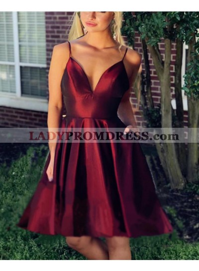 2023 A Line Burgundy Satin Sweetheart Knee Length Short Homecoming Dresses