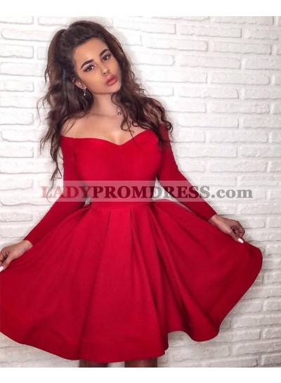 A Line 2023 Red Long Sleeves Knee Length Off Shoulder Short Homecoming Dresses