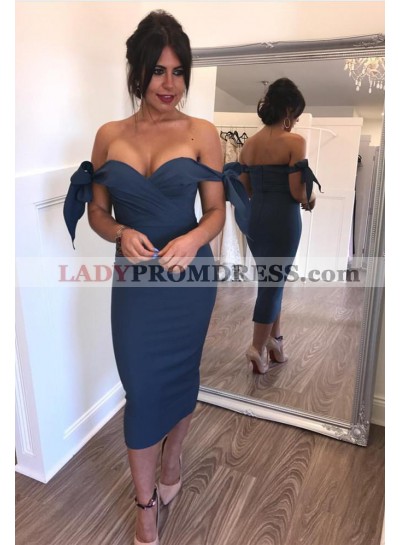 2023 Sheath Off Shoulder Bowknot Ankle Length Short Navy Blue Homecoming Dresses