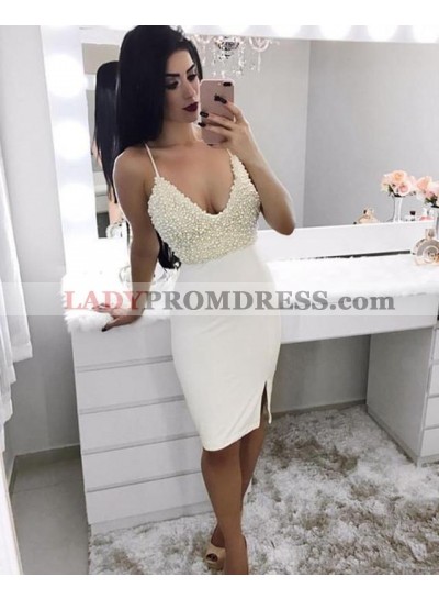2023 Sheath Halter Pearls Knee Length Backless Short White Homecoming Dresses