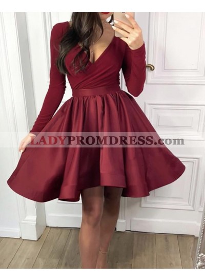 Long Sleeves Knee Length V Neck Satin Burgundy Short Homecoming Dresses 2023 
