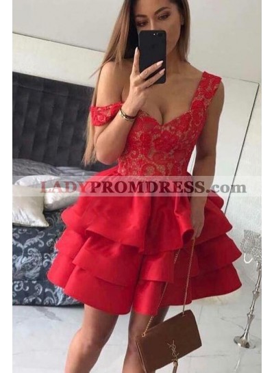 2023 A Line Red Sweetheart Lace Layered Lace Short Homecoming Dresses