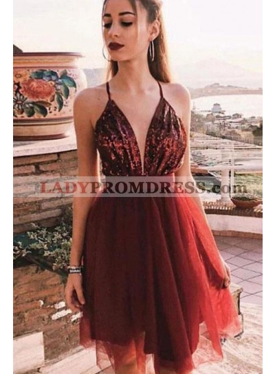 2023 A Line Tulle Sweetheart Burgundy Knee Length Sequence Backless Short Homecoming Dresses
