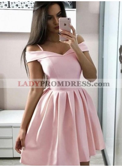 A Line Off Shoulder Pink Satin Knee Length 2023 Short Homecoming Dresses