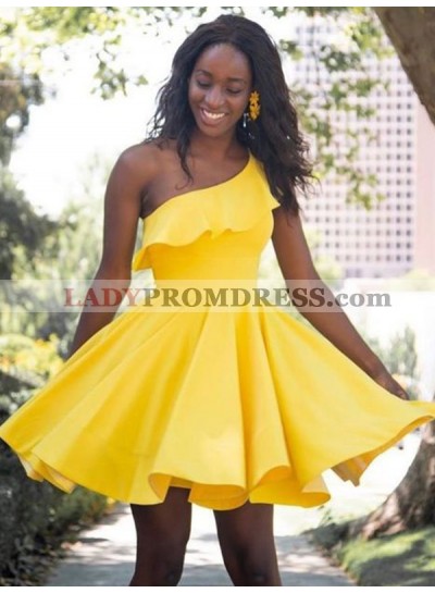 A Line Yellow One Shoulder Elastic Satin Ruffles Short Homecoming Dresses 2023