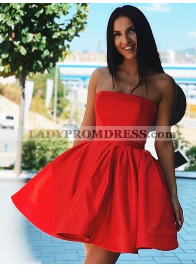 2023 A Line Strapless Satin Red Knee Length Short Homecoming Dresses