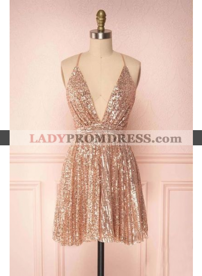2023 A Line Sequence Dusty Rose Knee Length V Neck Short Homecoming Dresses