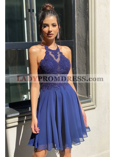 Royal Blue A Line Chiffon Halter Knee Length Short Backless Homecoming Dresses 2023