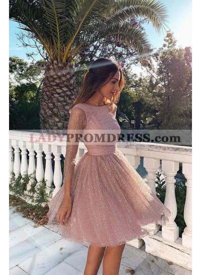 2023 A Line Long Sleeves Pink Backless Short Homecoming Dresses