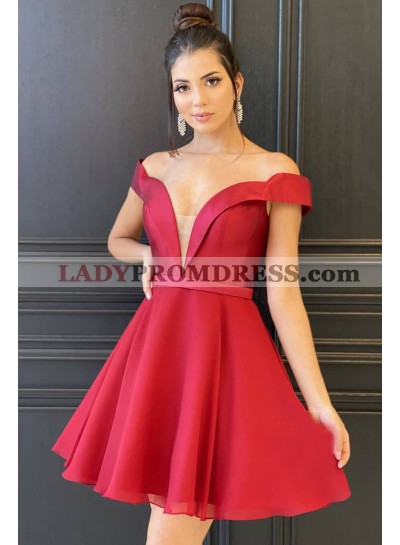 2023 A Line Chiffon Red Knee Length Off Shoulder Short Homecoming Dresses