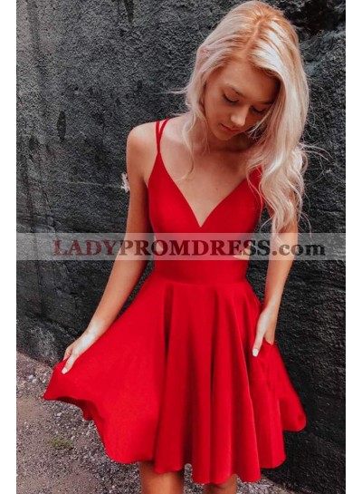 A Line Red Knee Length Backless Elastic Satin 2023 Short Homecoming Dresses