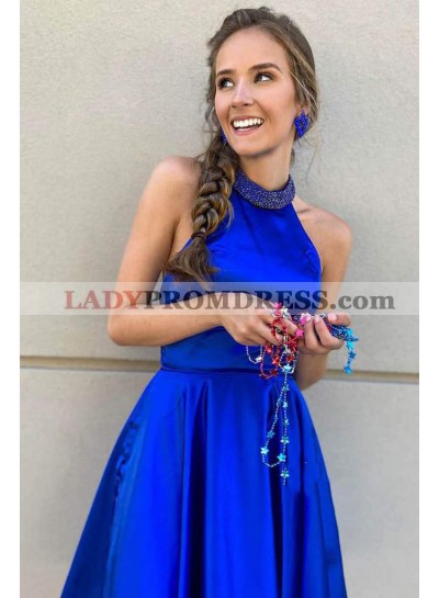 2023 A Line Elastic Satin Royal Blue High Neck Backless Short Homecoming Dresses