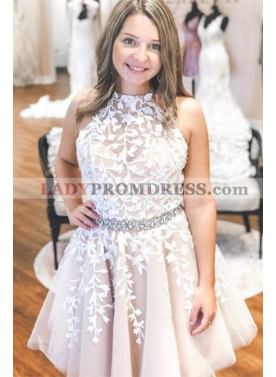 2023 A Line Champagne Tulle Halter Lace Up Short Homecoming Dresses 2023