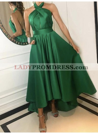 A Line Elastic Satin Emerald Green Halter High Low Short Backless Prom Dresses 2023