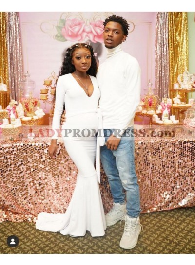 2023 White Sexy Mermaid White V Neck Long Long Sleeves Maternity Prom Dresses