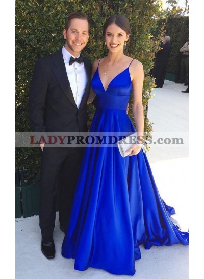 A Line Royal Blue Sweetheart Elastic Satin Spaghetti Straps Long Prom Dresses