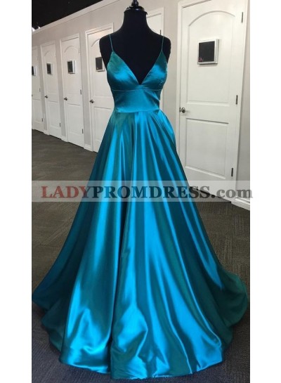A Line Elastic Satin Sweetheart Spaghetti Straps Jade Long Prom Dresses 2023