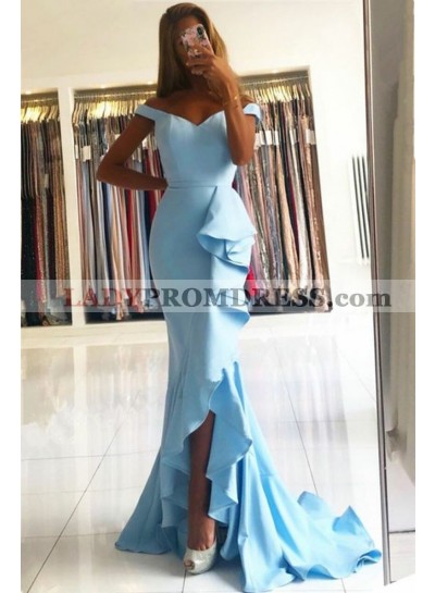 Off Shoulder Light Sky Blue Ruch Slit Sheath 2023 Long Prom Dresses