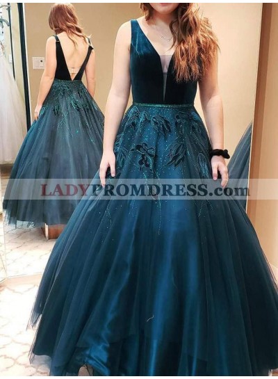 2023 Open Back Ball Gown V Neck Tulle Beaded Long Prom Dresses