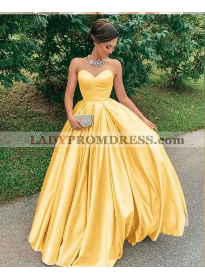 2023 A Line Gold Sweetheart Strapless Long Silk Like Satin Prom Dresses
