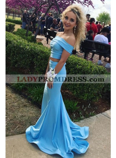 Sheath Two Pieces Off Shoulder Long 2023 Light Sky Blue Prom Dresses
