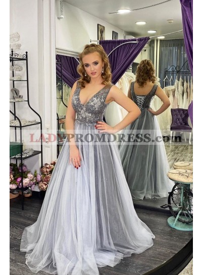 2023 A Line Tulle V Neck Lace Up Grey Lace Long Prom Dresses