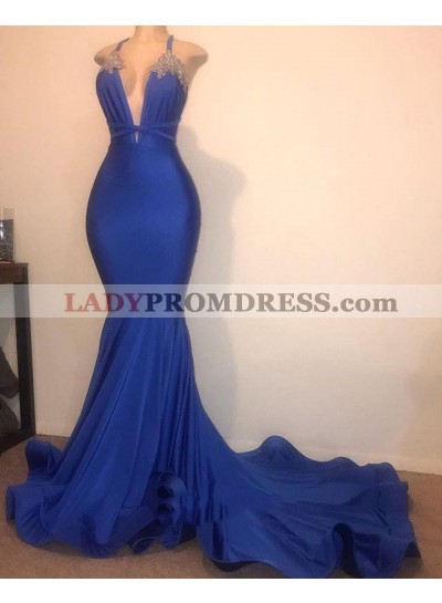 Mermaid V Neck Royal Blue 2023 Halter Bead Long Prom Dresses