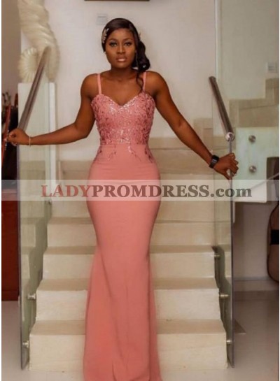 2023 Sheath Peach Sweetheart Thin Straps Appliques Long Prom Dresses