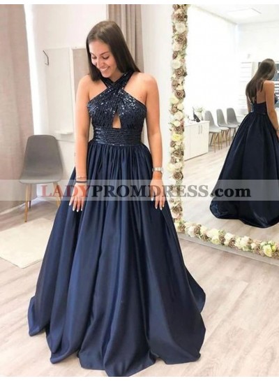 A Line Dark Navy Open Back Sequence Long 2023 Prom Dresses