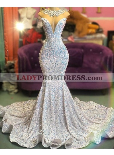 2023 Mermaid Sweetheart Sequins Rolled Train Long Prom Dresses