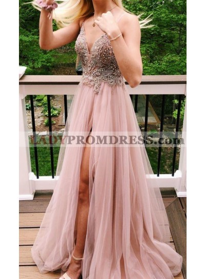 A Line Dusty Rose Beaded Sweetheart Side Slit 2023 Prom Dresses