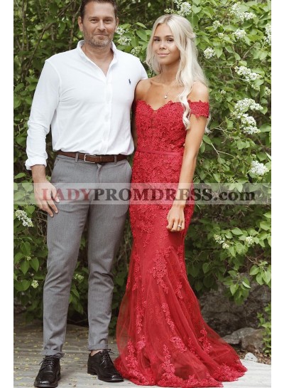 2023 Red Sheath Off Shoulder Sweetheart Tulle With Appliques Long Prom Dresses