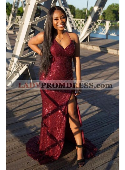 2023 Burgundy Sequence Sweetheart Halter Side Slit Long Prom Dresses