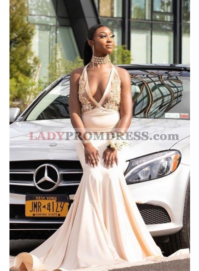 Mermaid Halter V Neck Open Back Champagne Long Prom Dresses 2023