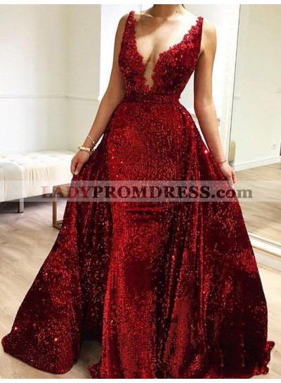 2023 Burgundy Sequence V Neck Long Prom Dresses With A train