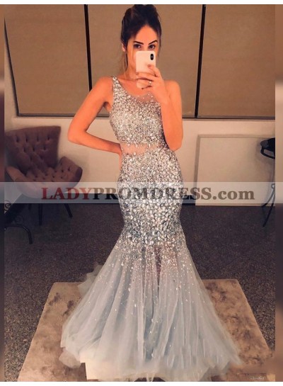 2023 Silver Mermaid Tulle Diamonds Open Back Prom Dresses