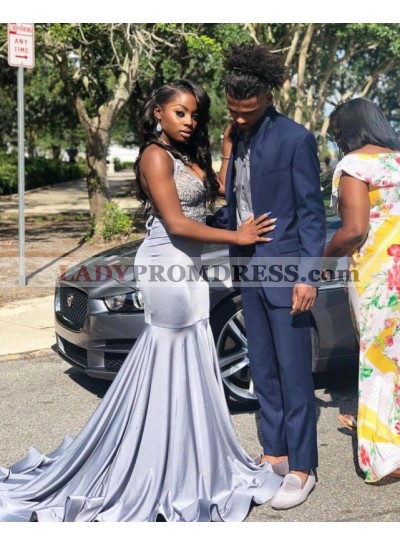 2023 Silver Halter Sweetheart Mermaid Open Back Long Prom Dresses With Rolled Train