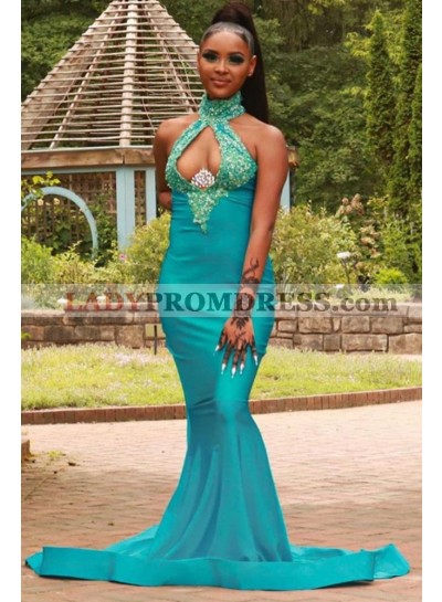 Mermaid 2023 Jade High Neck Open Front Long Prom Dresses