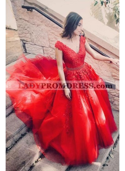 A Line Red V Neck Tulle With Appliques Beaded Sash 2023 Long Prom Dresses