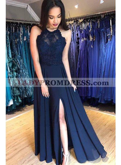 A Line Chiffon Dark Navy Chiffon Side Slit Floor Length Lace Prom Dresses 2023 