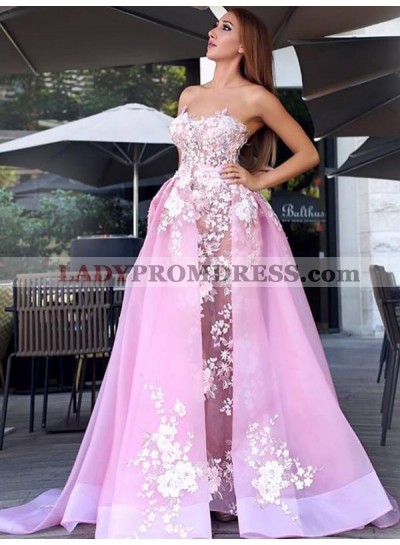 A Line Sweetheart Pink Lace Patterns Long Train See Through Prom Dresses 2023