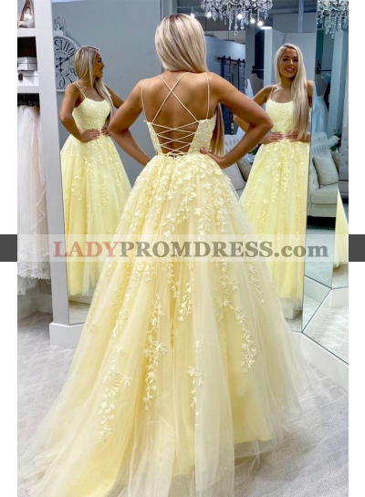 A Line Light Yellow Tulle Lace Up Back Halter Long 2023 Prom Dresses