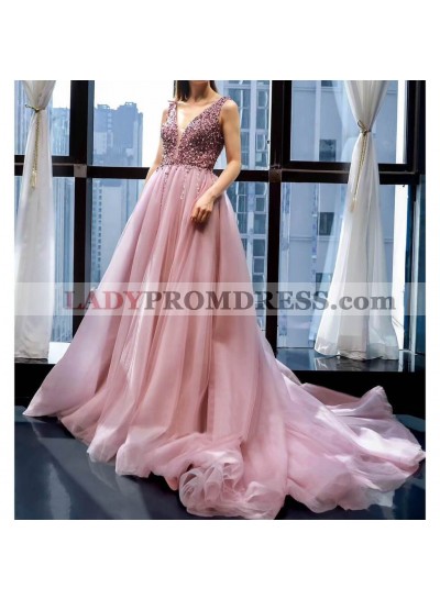 A Line Tulle Beaded Dusty Rose Sweetheart Long Prom Dresses 2023