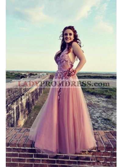 A Line Tulle Lace Open Back Lace Up Halter Dusty Rose Long Prom Dresses 2023