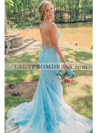 Light Sky Blue Halter Lace Up Back Tulle Appliques Long Backless Prom Dresses 2023