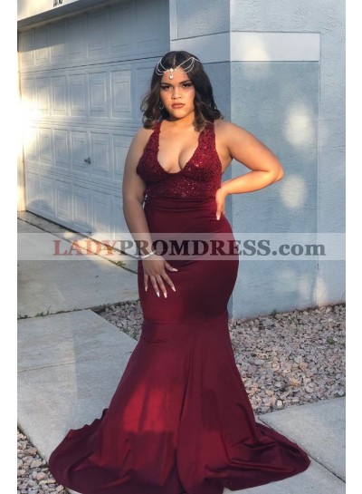 2023 Mermaid Halter Burgundy Open Back Plus Size Prom Dresses