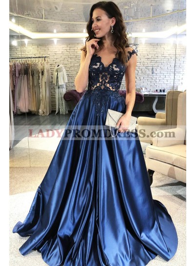 A Line Dark Navy Silk Like Satin Long Lace Appliques Prom Dresses 2023