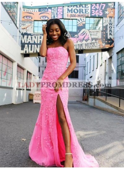 2023 Pink Strapless Sheath lace Appliques Side Slit Tulle Prom Dresses