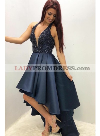 A Line Black Satin Beaded Halter High Low 2023 Prom Dresses